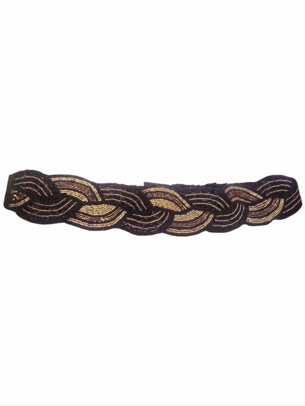 Vintage 90's Y2K Magid Black Satin Gold & Copper Beaded Statement Stretch Belt L - Picture 4 of 6